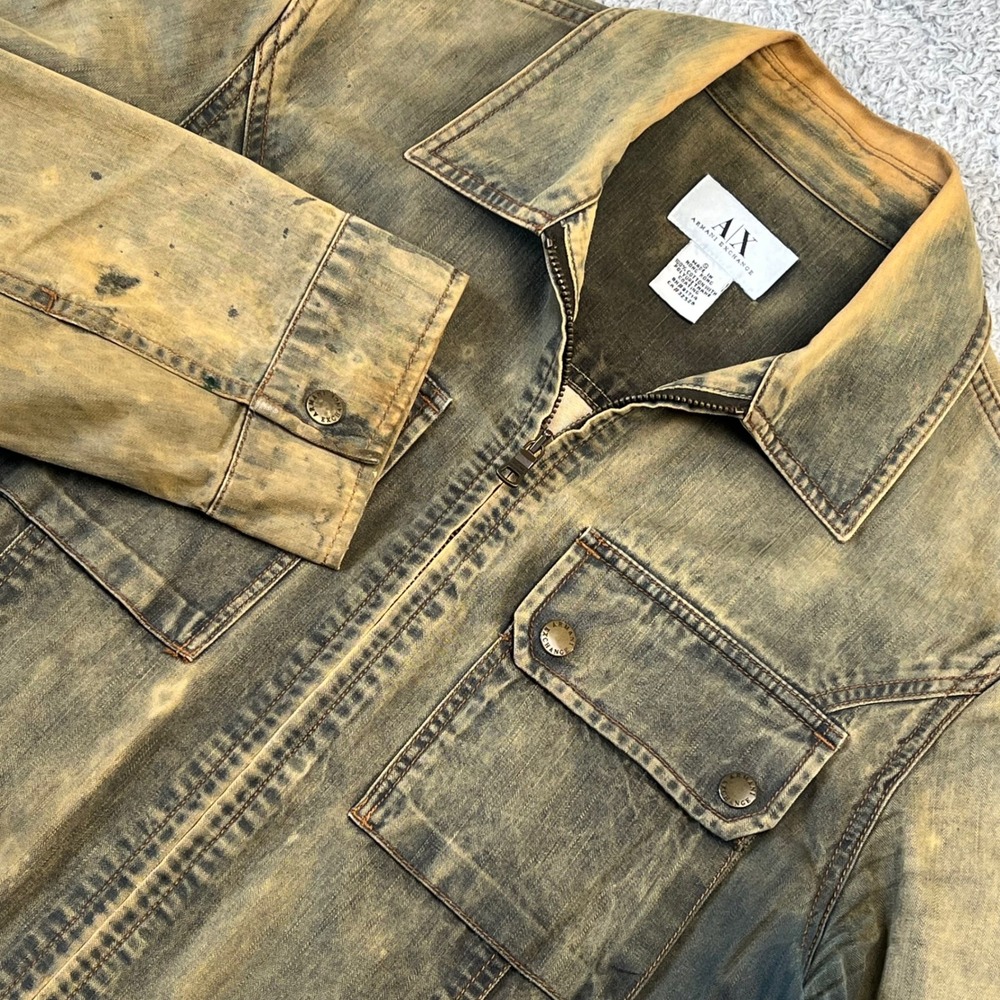 Armani Exchange Mens S Coated Cotton Field‎ Jacket Distressed Olive Patina Faded